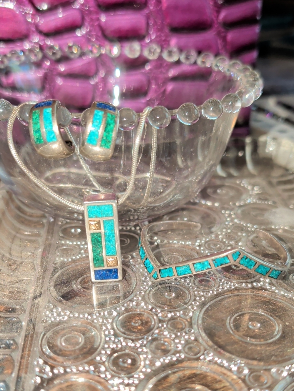 Turquoise Inlay Silver Necklace and Earrings Set